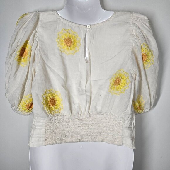 Free People My Girl Embroidered Sunflower Puff-Sleeve Blouse Cotton Ivory S - Picture 5 of 14